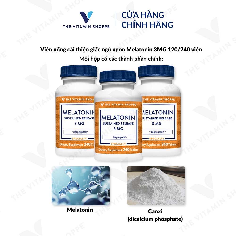 Viên uống hỗ trợ giấc ngủ ngon Melatonin giải phóng kéo dài THE VITAMIN SHOPPE Melatonin Sustained Release 3 MG 120/240