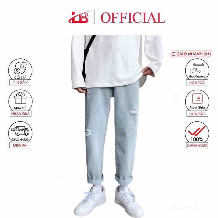 Quần baggy nam LB, jean denim cotton, cắt rách cá tính, bụi bặm, màu xanh sáng, BGSH6