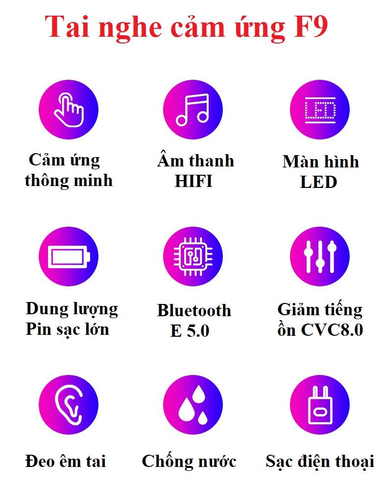 Tai nghe Bluetooth TWS F9 50 cảm ứng có thể tăng giảm âm lượng cao cấp màu đen - Hàng nhập khẩu .