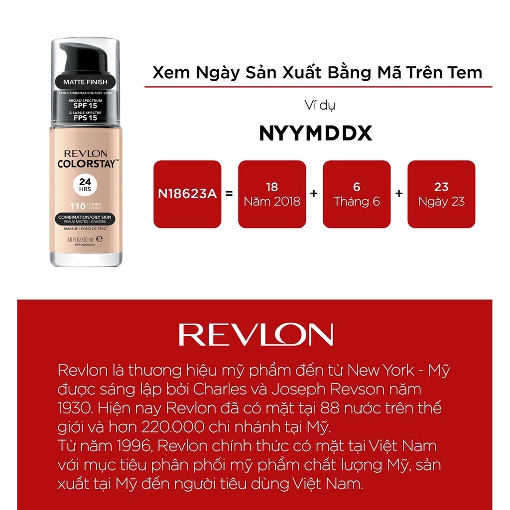 Kem nền lâu phai Revlon Colorstay 24h SPF 15 30ml (HSD dưới 12 tháng)