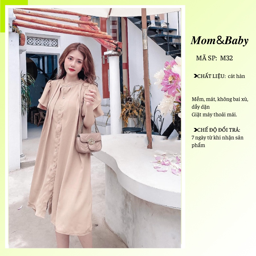 Váy bầu thời trang thiết kế cổ tàu hàng cúc thật M132 chất cát hàn freesize từ 45 đến 70kg
