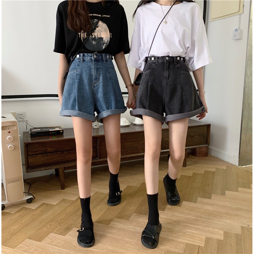Xiaozhainv Quần ngắn denim lưng cao ống rộng thời trang Hàn Quốc cho nữ