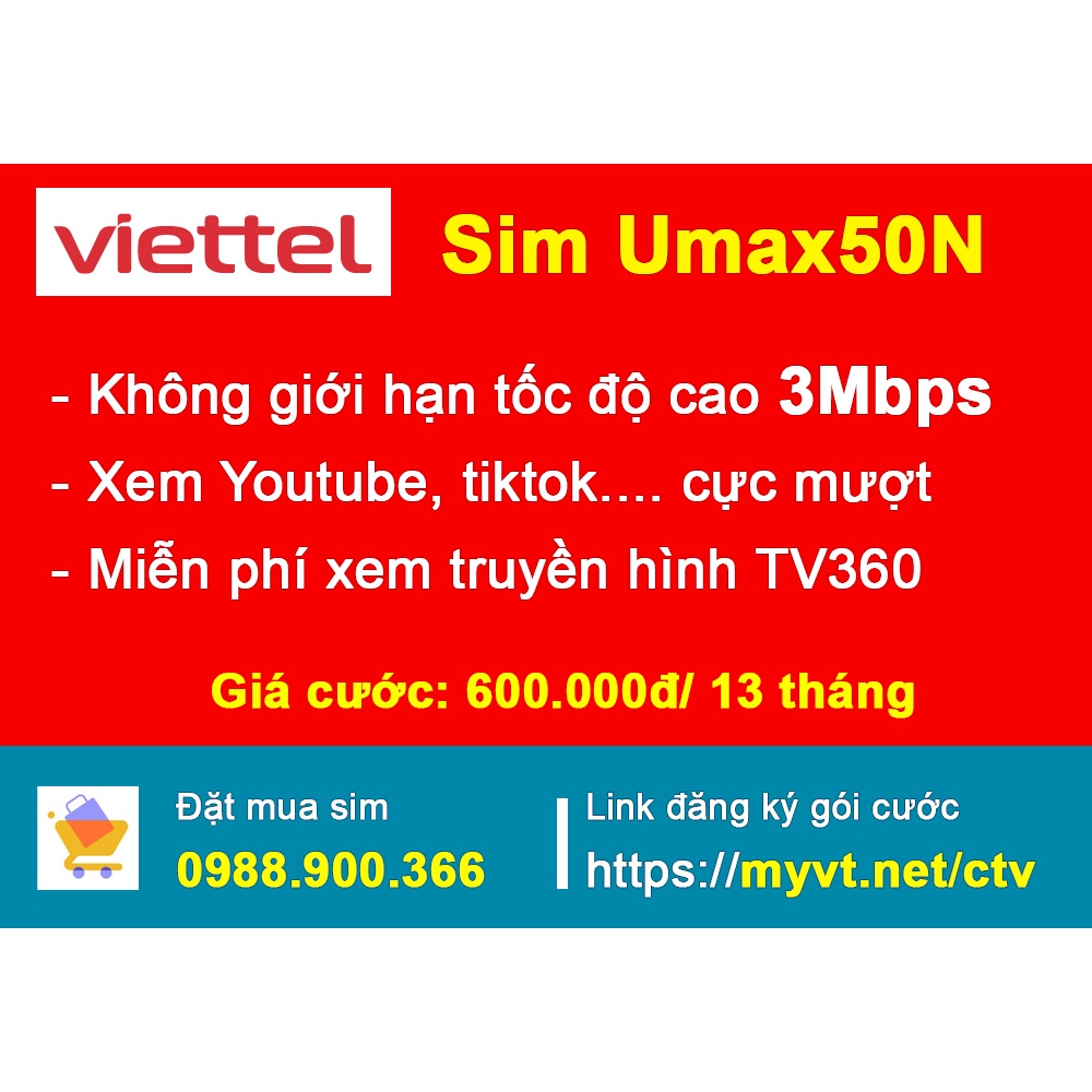Sim mạng Viettel cả năm Umax50N - Xem Youtube, facebook không giới hạn