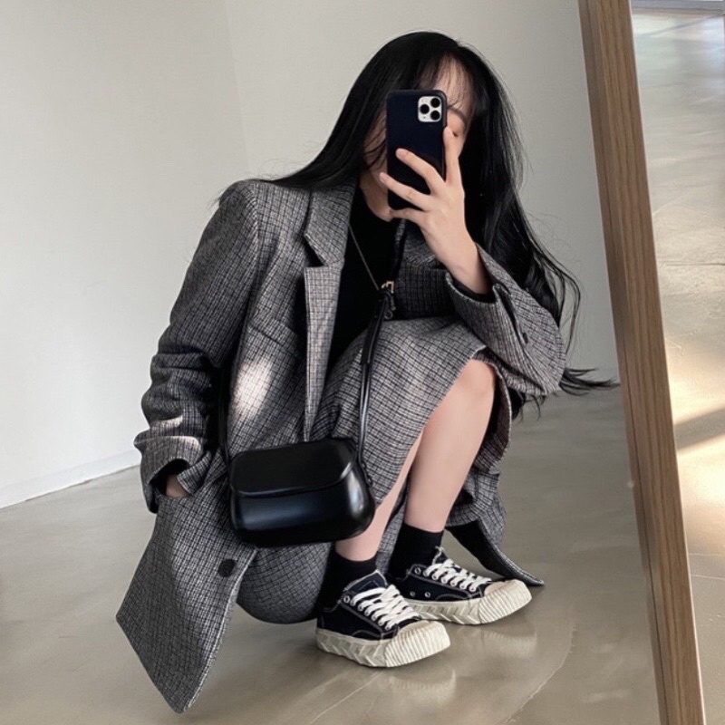 Set áo blazer caro chân váy chữ A