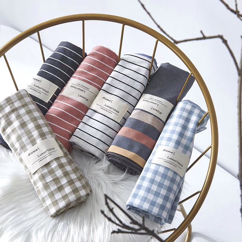 Bộ Chăn Ga Gối Cotton Tici Kẻ Chăn Chần Hè HIN BEDDING, Chăn Ga Hàn Quốc Vintage Chăn Chần Bông Cao Cấp Các Mẫu Mới
