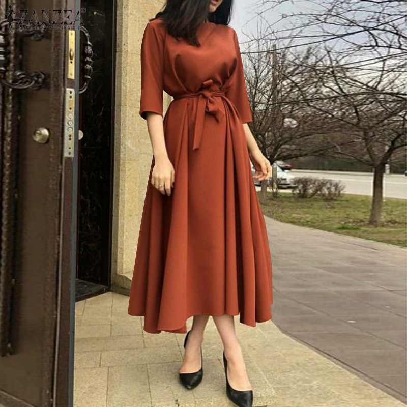 Đầm midi ZANZEA dáng chữ a tay lửng phối thắt lưng thời trang đường phố châu Âu cho nữ