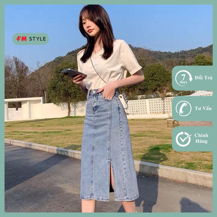 Chân váy jeans dài xẻ tà Fmstyle qua gối tà cao chất jeans cao cấp dễ phối đồ phong cách ulzzang 220422341