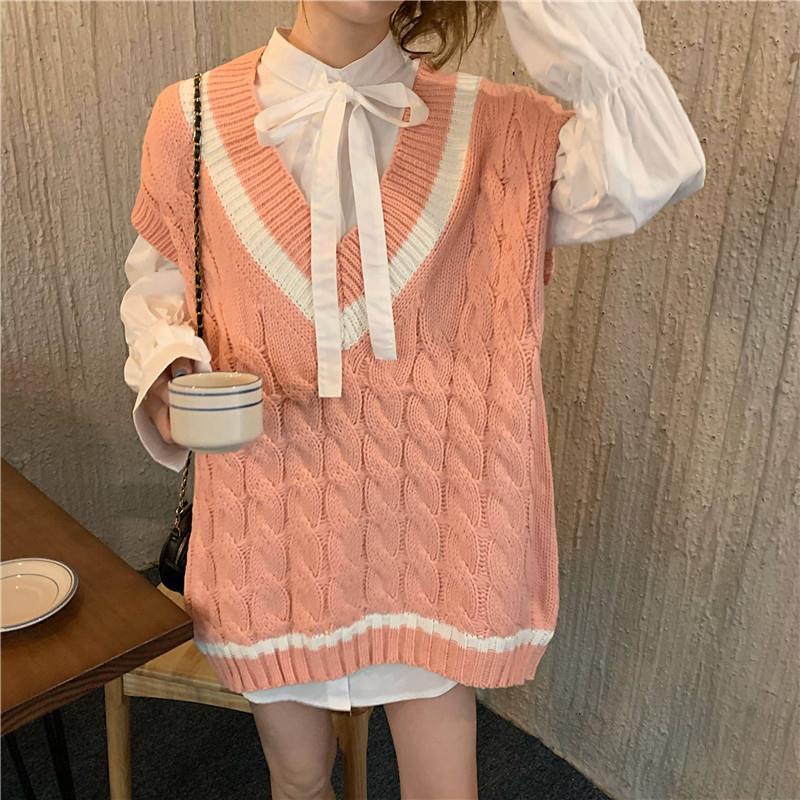 Bộ áo sơ mi thắt nơ + áo len không tay phong cách Hàn Quốc 2022