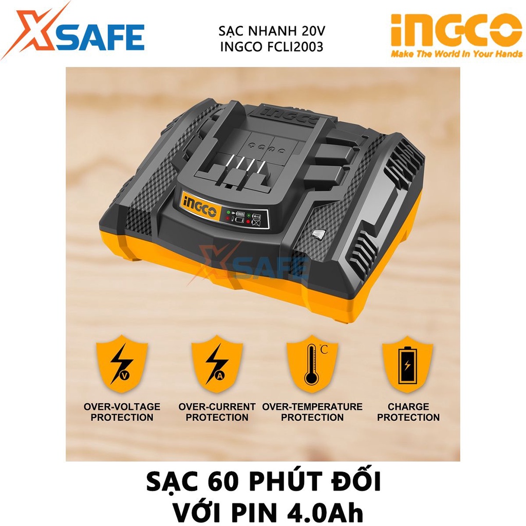 Sạc nhanh 20V INGCO FCLI2003 đế sạc pin 20V 2.0Ah trong 30 phút, 20V 4.0Ah trong 1 giờ, dòng sạc 4A - chính hãng