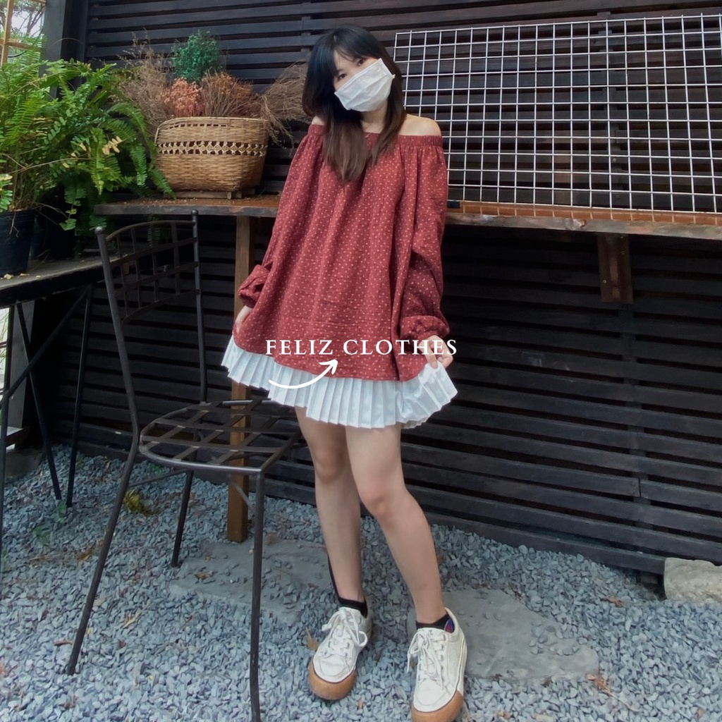 Áo babydoll dài tay hoạ tiết hoa nhí màu đỏ mận cực đáng yêu