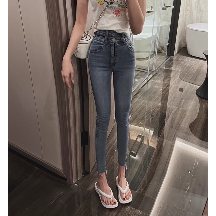 Quần jean ôm nữ màu xanh đá bụi, quần bò nữ was lưng cao quảng châu hack chân