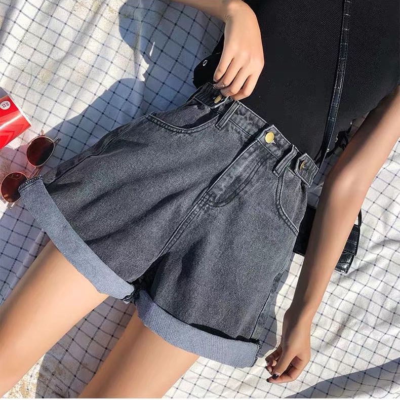  Quần Short Denim Lưng Cao Ống Rộng Phong Cách Hàn Quốc Thời Trang Cho Nữ