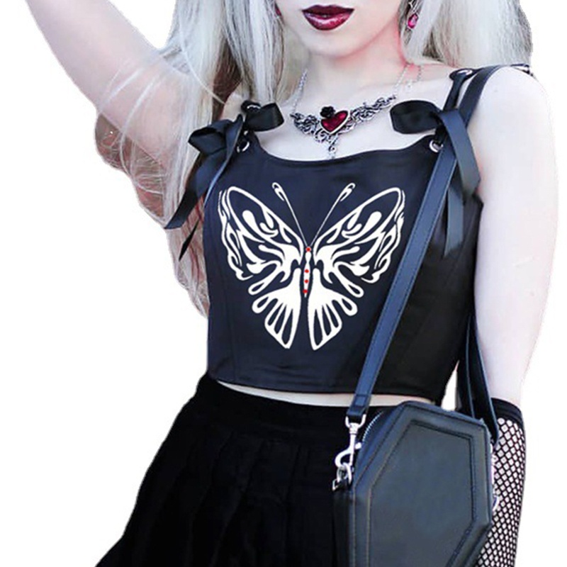 XIXI Áo Croptop Cổ Chữ U Hở Lưng In Họa Tiết Bướm Phong Cách Gothic Quyến Rũ Dành Cho Nữ