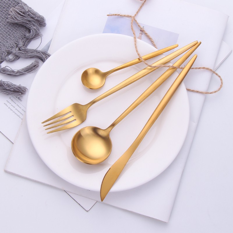 Ready Stock High Quality Forged Flatware Smooth Hotel Household Reusable  Dinnerservice Portugal Style Tableware 304 Stainless Steel  Aristocratic Temperament Gold Cutlery Spoon Fork And Knife Western Cutlery Easy To Clean