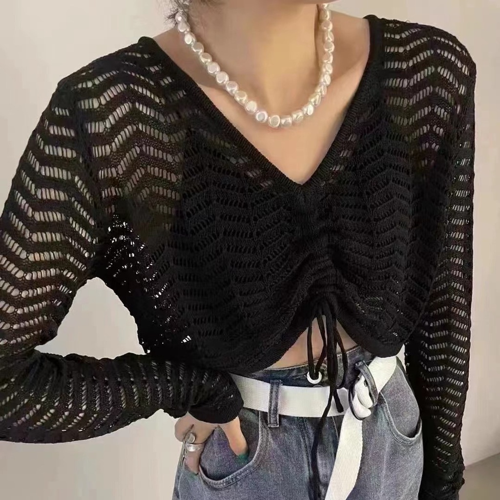 Áo dệt kim SUXI tay dài cổ chữ V dáng rộng phối dây rút phong cách Hàn Quốc thời trang mùa hè cho nữ