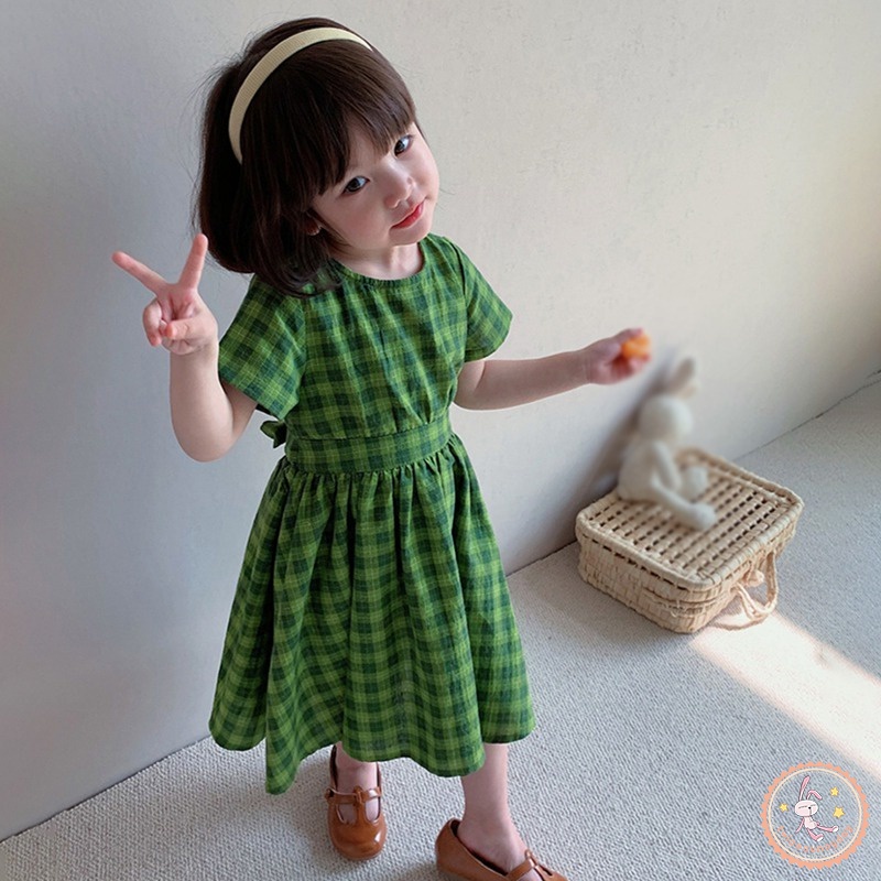 Đầm Công Chúa Mùa Hè Dáng Chữ A Tay Ngắn Họa Tiết Kẻ Sọc Caro Ngọt Ngào Phong Cách Hàn Quốc Cho Bé Gái