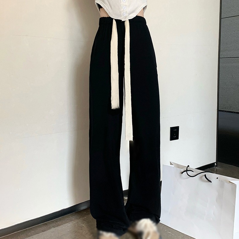 Quần dài lưng cao màu trơn phối dây rút ống rộng thời trang dành cho nữ