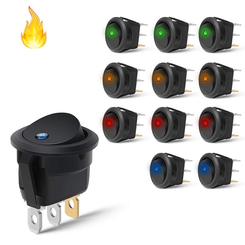 Set 12 Công Tắc Bật/Tắt Hình Tròn 20A 12V DC On/Off SPST 3 Màu Xanh+3 Xanh Lá+3 Màu Đỏ + Đỏ