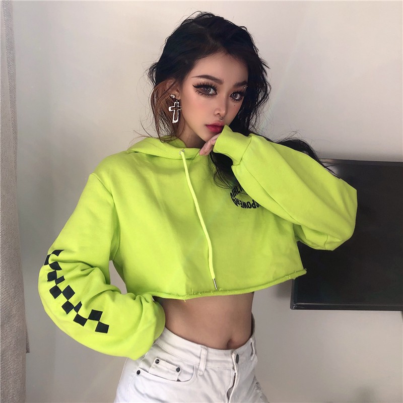 Áo Sweater Dáng Ngắn Màu Xanh Lá Dạ Quang Phong Cách Hip Hop Cá Tính