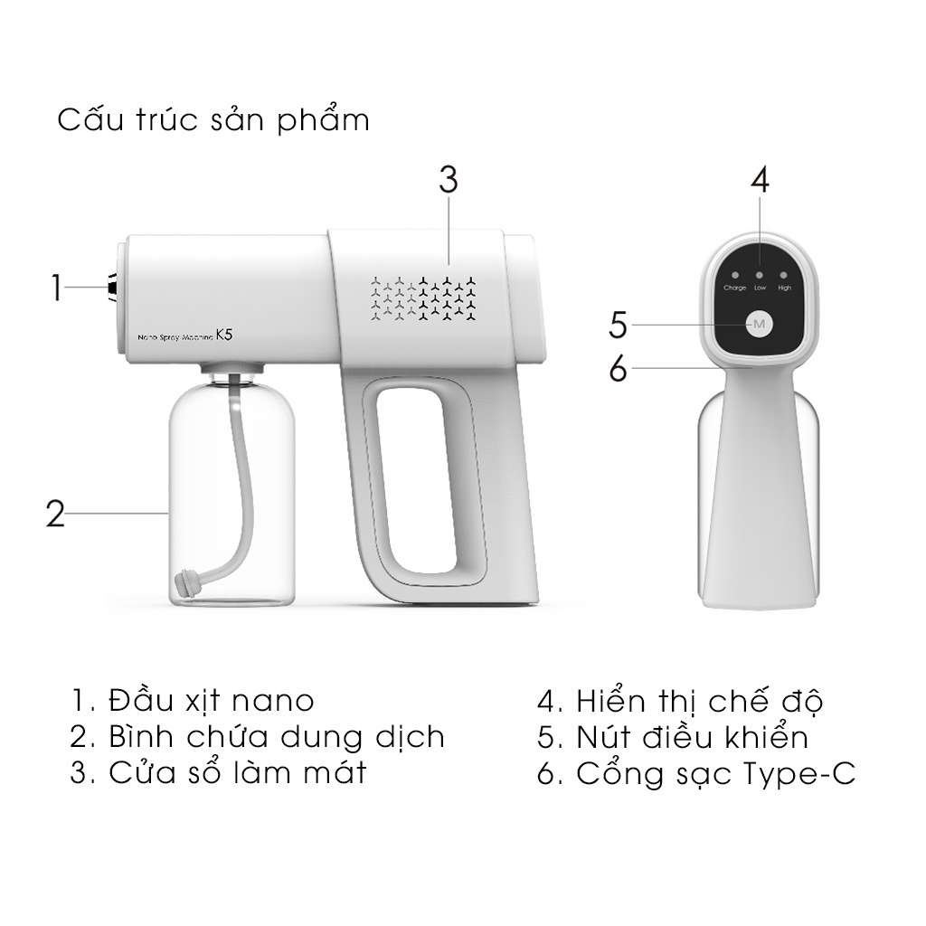 Súng phun khử khuẩn nano cầm tay K5 cao cấp