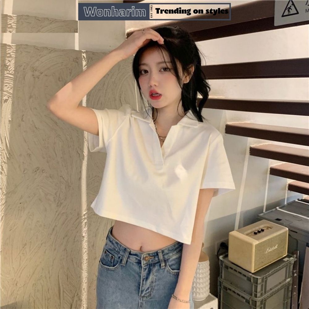 Áo thun croptop cổ bẻ trơn nhiều màu 🌸🌸Áo croptop ngắn cho nữ cá tính hottrend giá rẻ 21240
