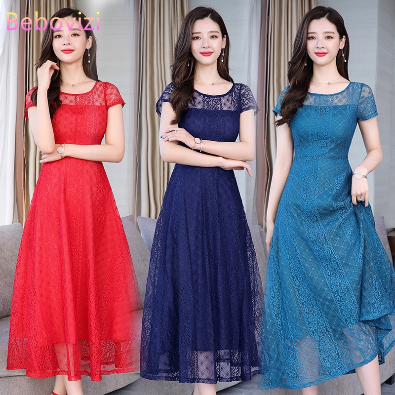 Đầm maxi ngắn tay phối ren phong cách Hàn Quốc thanh lịch dành cho nữ