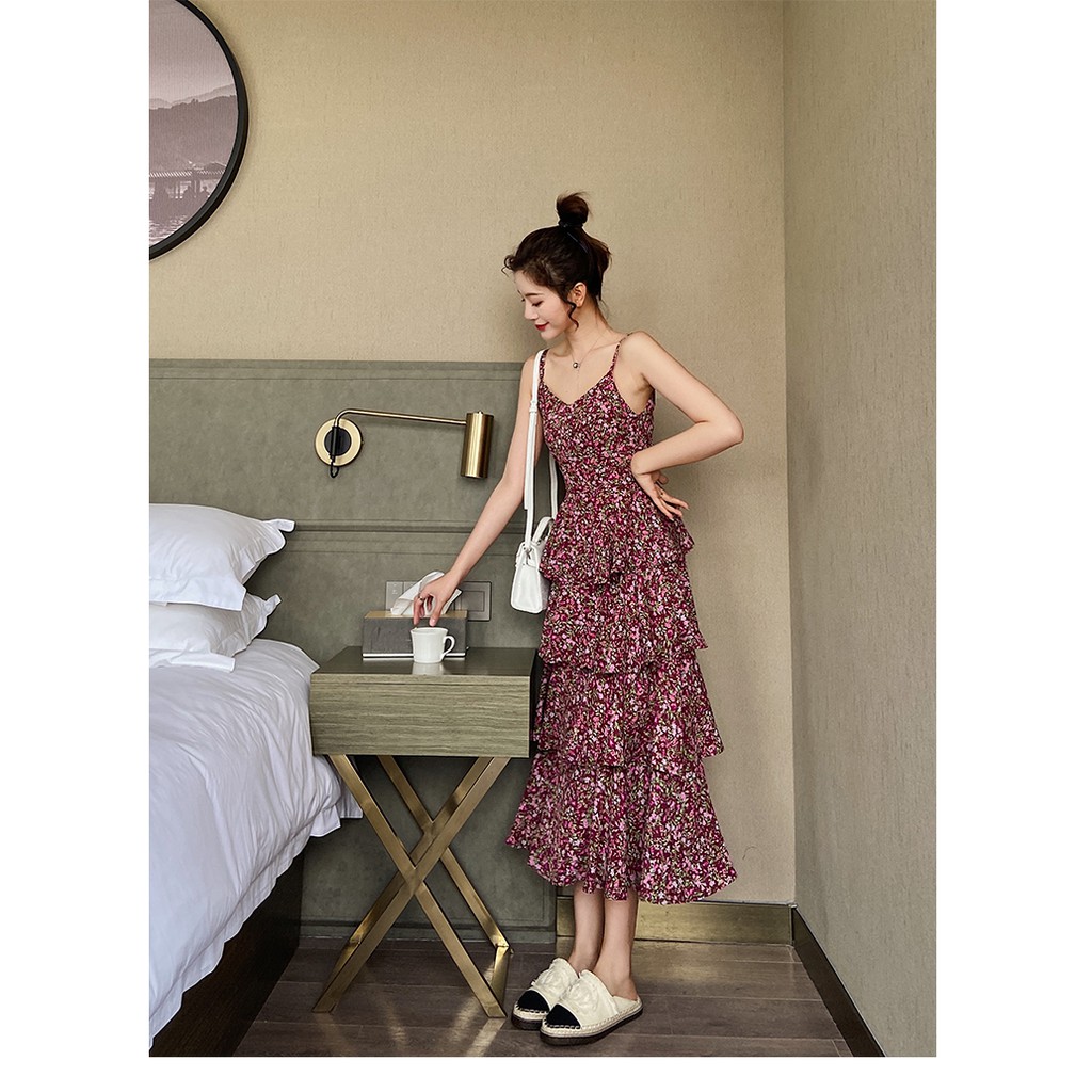 Váy hai dây hoa nhí màu tím retro xòe 4 tầng điệu  đà vintage mùa hè Hàn Quốc thoáng mát