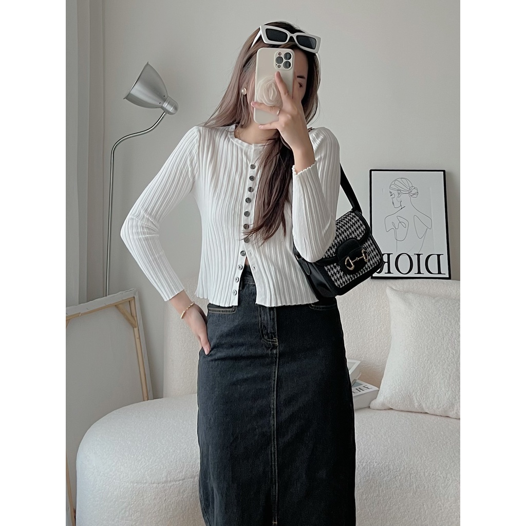 [SẴN/VIDEO] Áo Len Gân Dài Tay Cúc Dọc Cổ V Dáng Ngắn