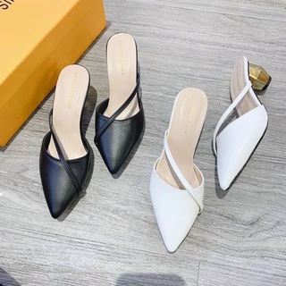 Sục nữ, giày sục nữ cao gót dây chéo quai mảnh mũi nhọn gót trụ da mềm SU40 Mizi_Official
