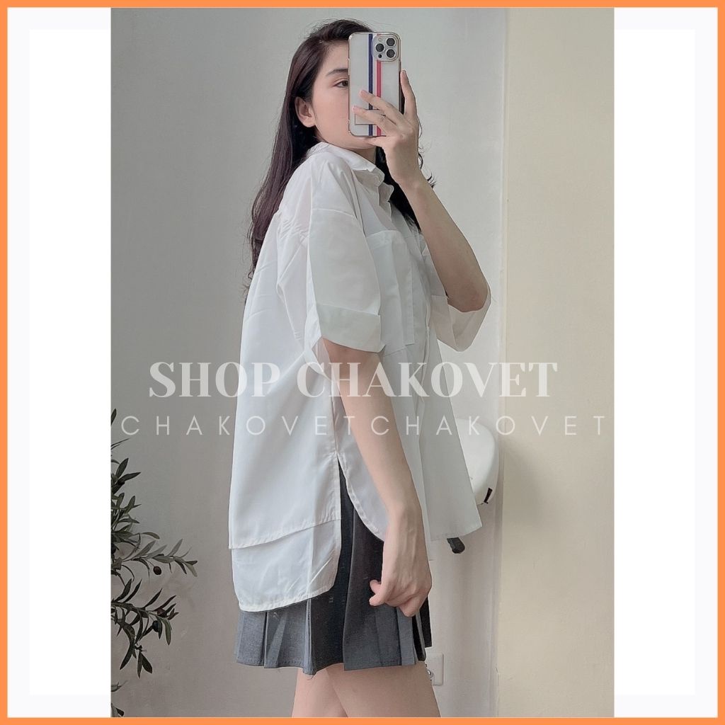 Áo kiểu nữ cộc tay babydoll form rộng A8211 xẻ tà bánh bèo túi ngực ulzzang hàn quốc màu xanh trắng cao cấp - CHAKOVET