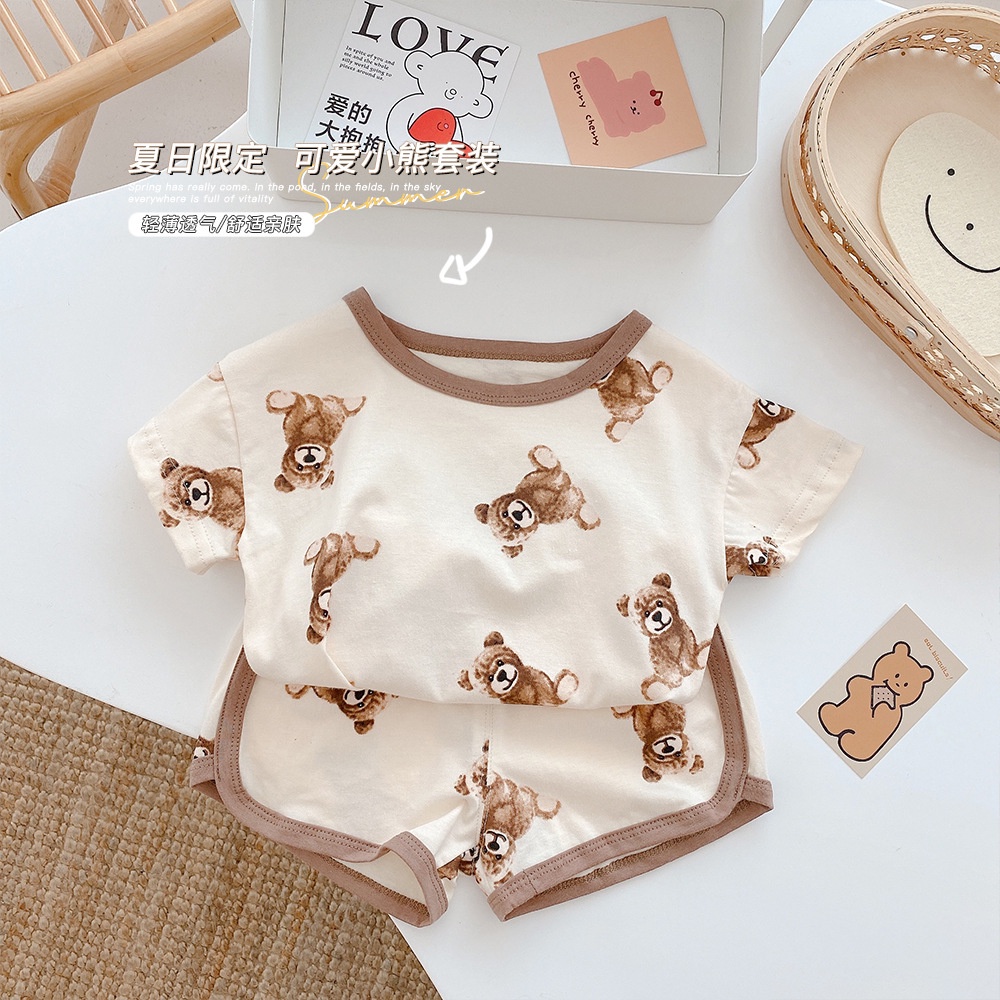 Bộ Đồ Thể Thao Áo Thun Phối Quần Short Vải Cotton In Hình Gấu Thời Trang 2021 Cho Bé