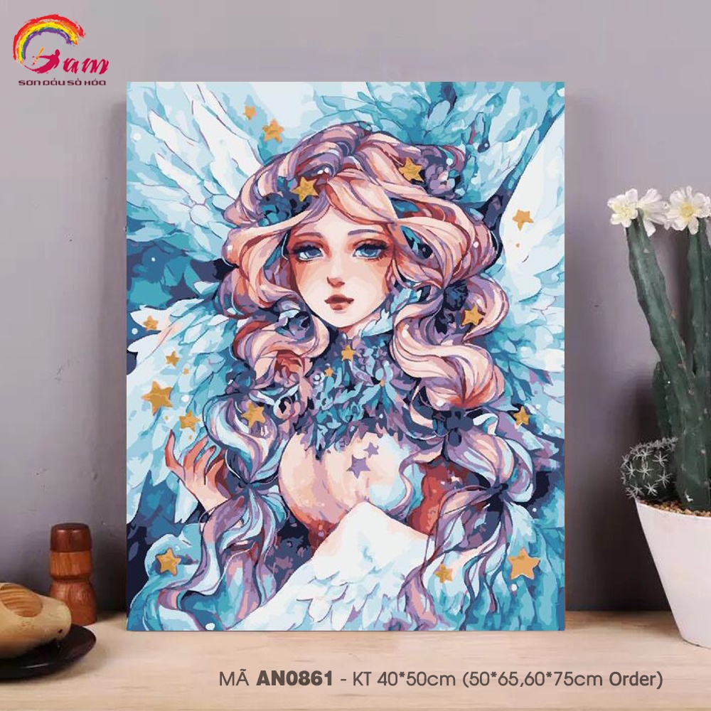 Tranh số hoá tự tô màu Gam cô gái nàng thơ căng khung 40x50cm AN0861