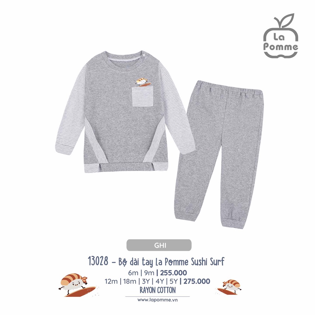 Bộ La Pomme quần áo dài tay chất Cotton cao cấp mềm mịn thoáng mát thấm hút tốt túi ngực in Sushi cho bé trai 13028