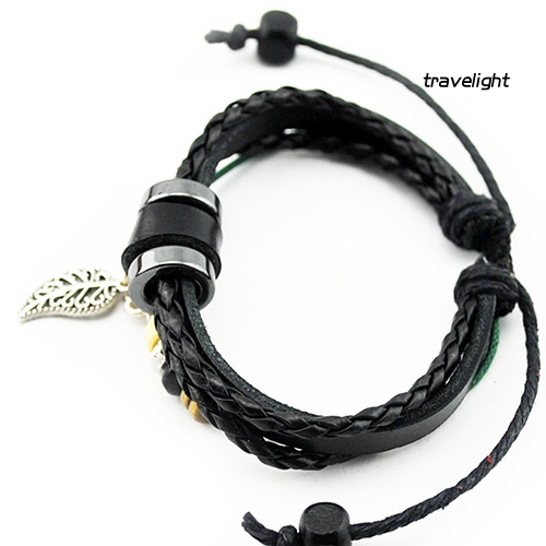 Vòng Tay Giả Da Nhiều Lớp Mặt Hình Chiếc Lá Thời Trang Unisex