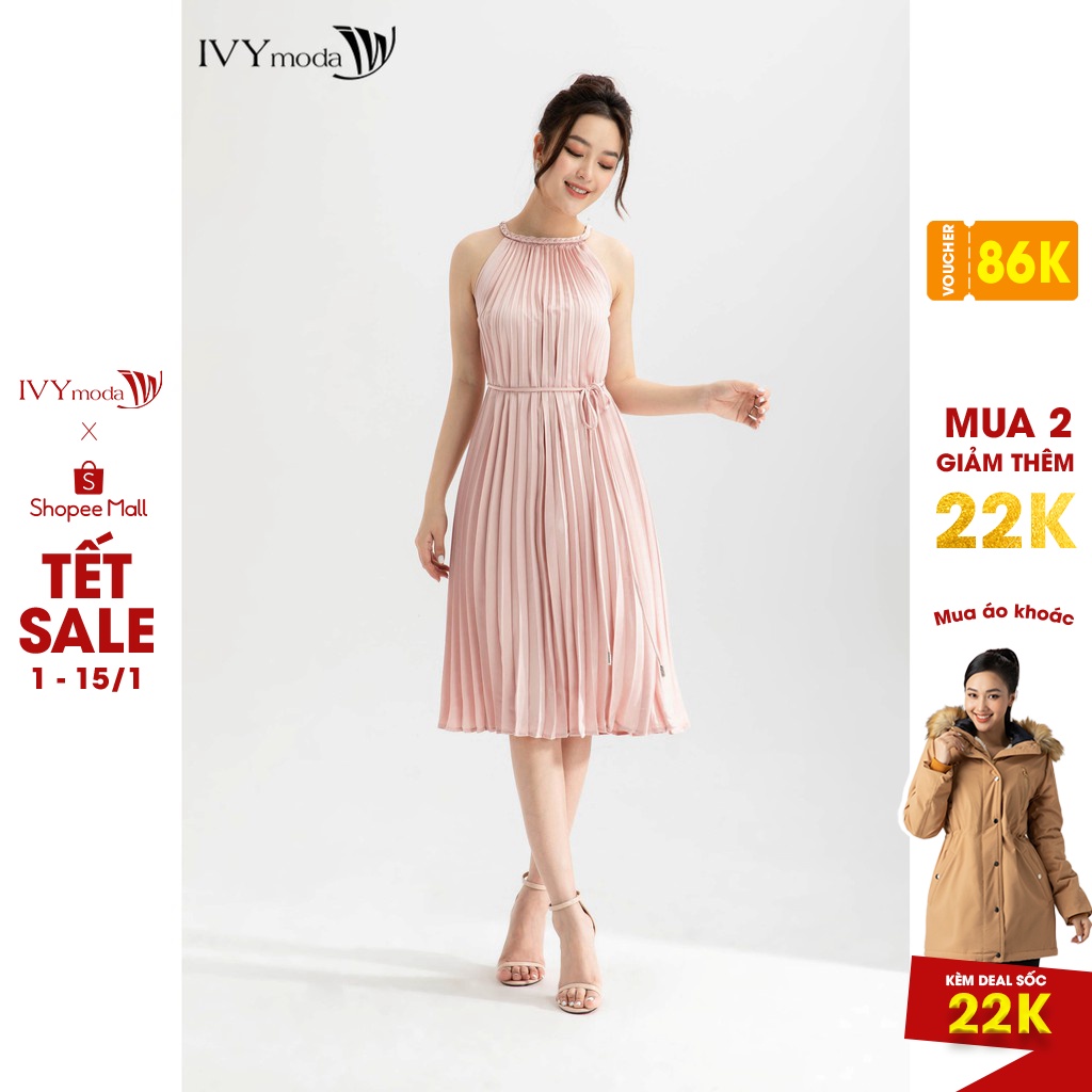 [NHẬP WABRTL5 GIẢM 10% TỐI ĐA 50K ĐH 250K ]Đầm xếp ly cổ yếm nữ IVY moda MS 41M6335