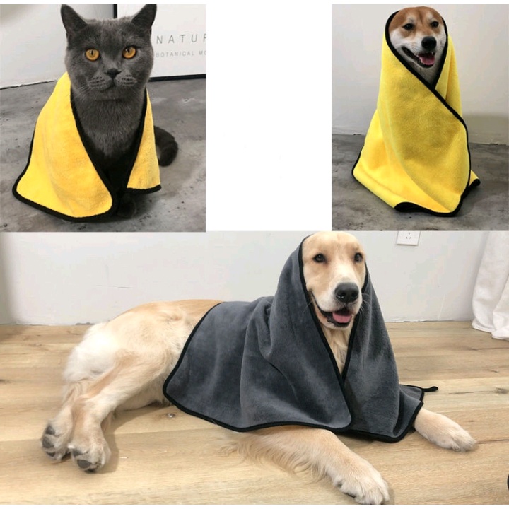 Khăn tắm lau khô lông chó mèo sợi microfiber siêu thấm hút màu vàng xám size 60x30cm