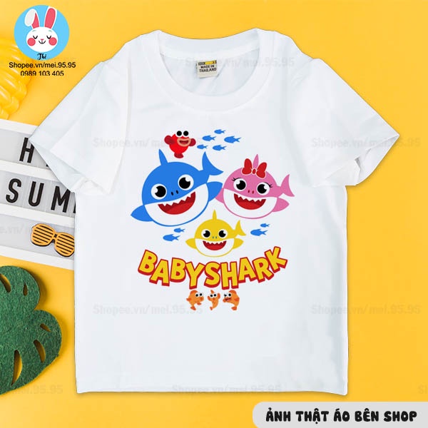 Áo thun baby shark cho bé trai và bé gái,áo trắng in hình baby shark siêu nét cute )