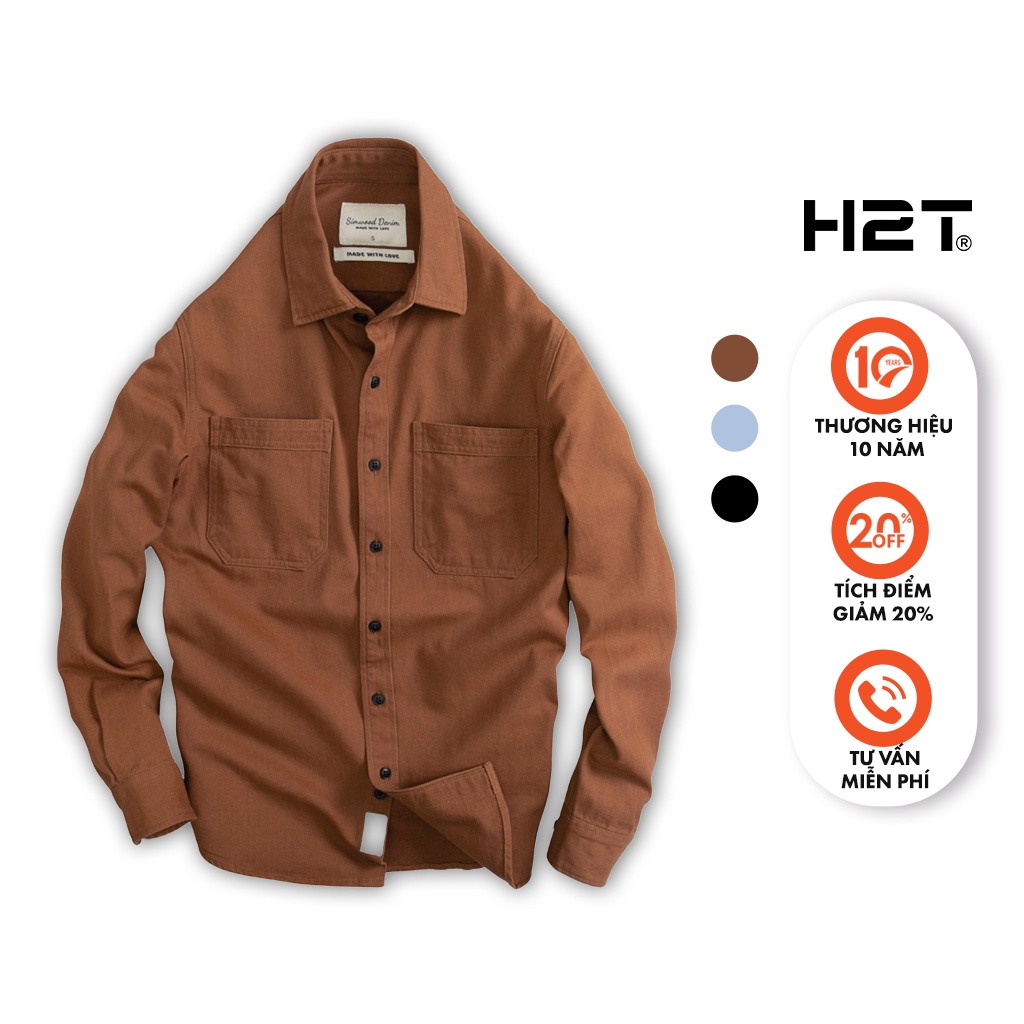 Áo Sơ Mi Nam Kaki  H2T Simwood Denim, Dáng rộng phong cách hàn quốc, 2 Túi bản to Ngực 2 Bên 1479