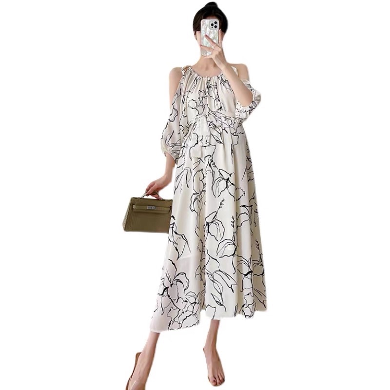 Váy đầm bầu dáng dài phom xuông rộng hở vai hàng quảng châu