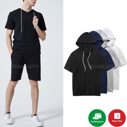 Áo thun tay lỡ có mũ / Áo hoodie unisex ngắn tay | BigBuy360 - bigbuy360.vn