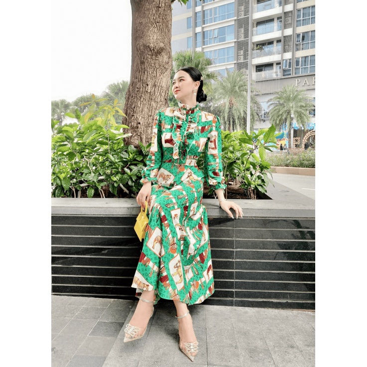 (Free ship) Mẫu Cực HOT-- Mẫu THiết Kế Hợp Thời Trang | Đầm Lụa Cổ Cao Tay Dài In Họa Tiết  UP VLTN Shop