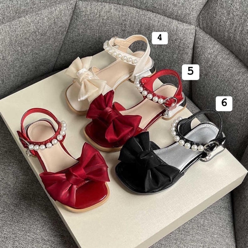 Giày Sandal Nơ Tiểu Thư Bé Gái, Sandal Quai Ngọc Công Chúa Cho Bé Gái