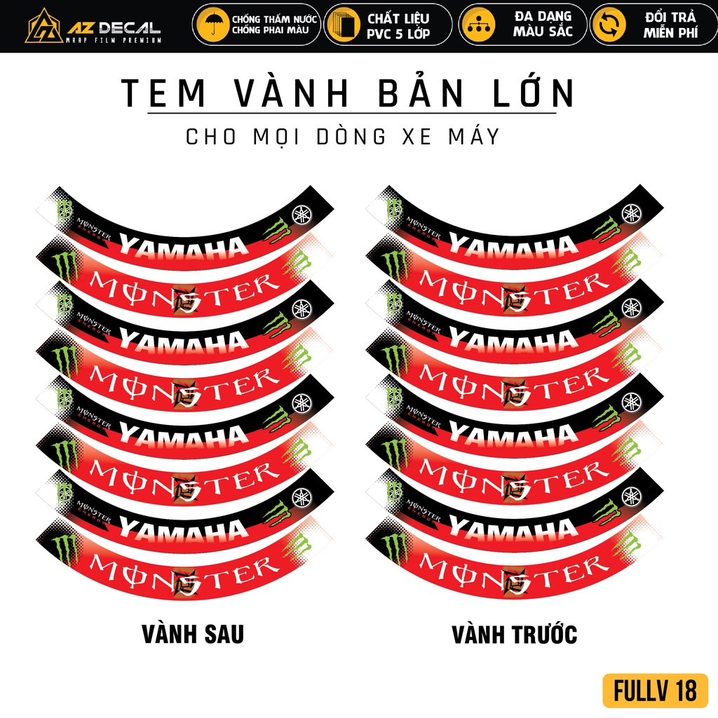 Tem Dán Vành Xe Máy Yamaha Monster | FullV18 | Decal Dán Mâm Niềng Exciter 150 155 NVX Sirius R15 V3...