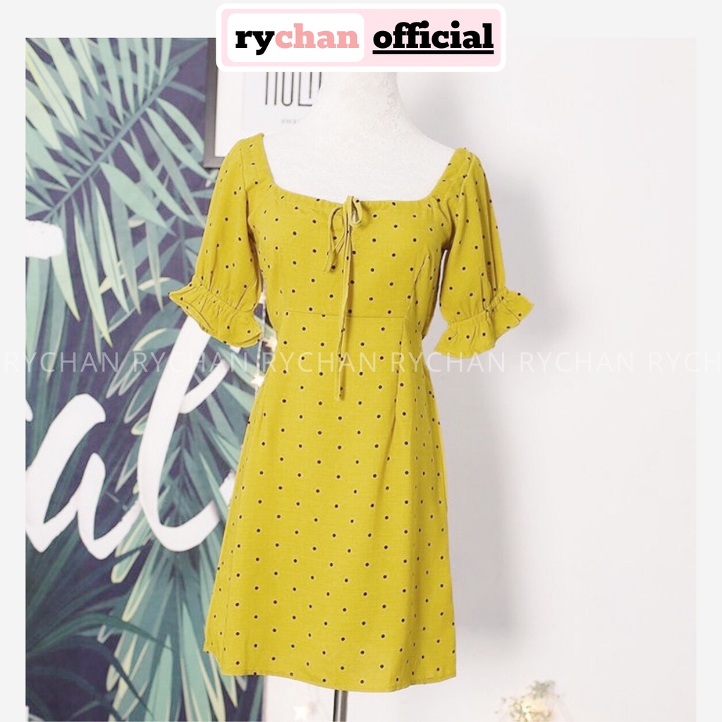 DX785 - Đầm Xòe Bi Vàng Cổ Vuông Tay Bèo