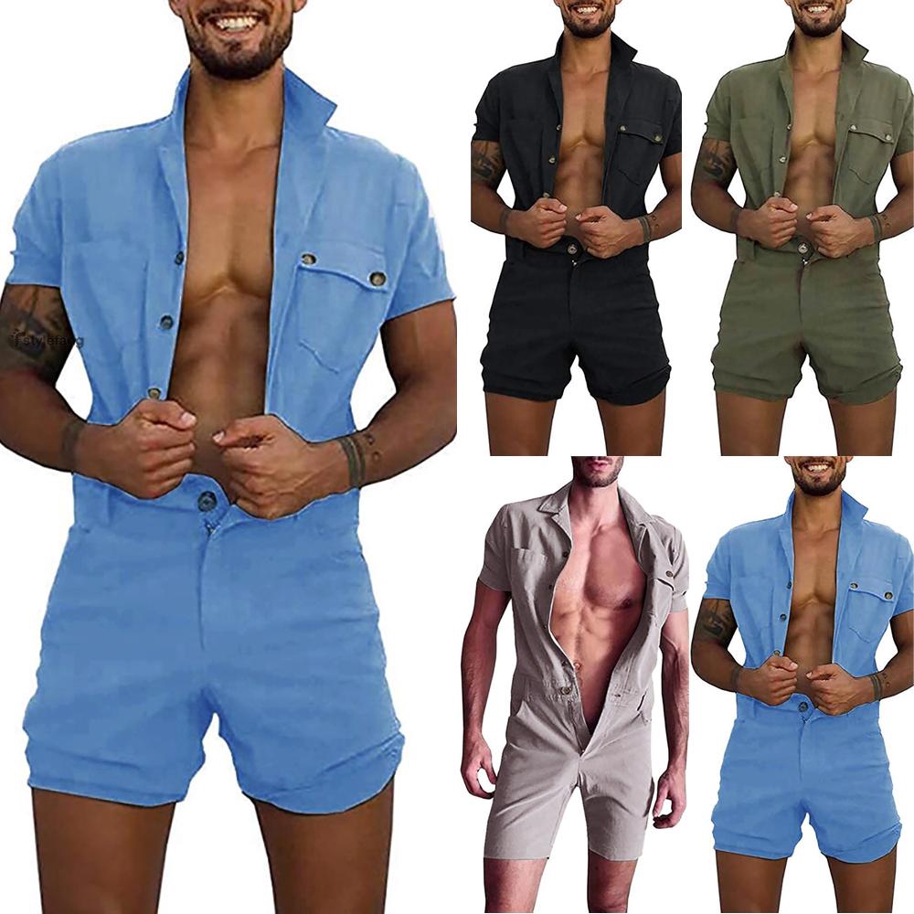 Mens One Piece Combat Shorts Workout Playsuit Lapel Buttons Pocket Cargo Summer Mens Casual Short Sleeve Rompers