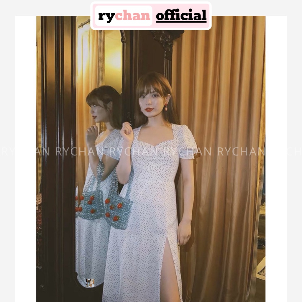 Đầm Xòe Bi Trắng Nhún Ngực Xẻ Tà 2 Lớp Lót Trong Dày Dặn - DX810