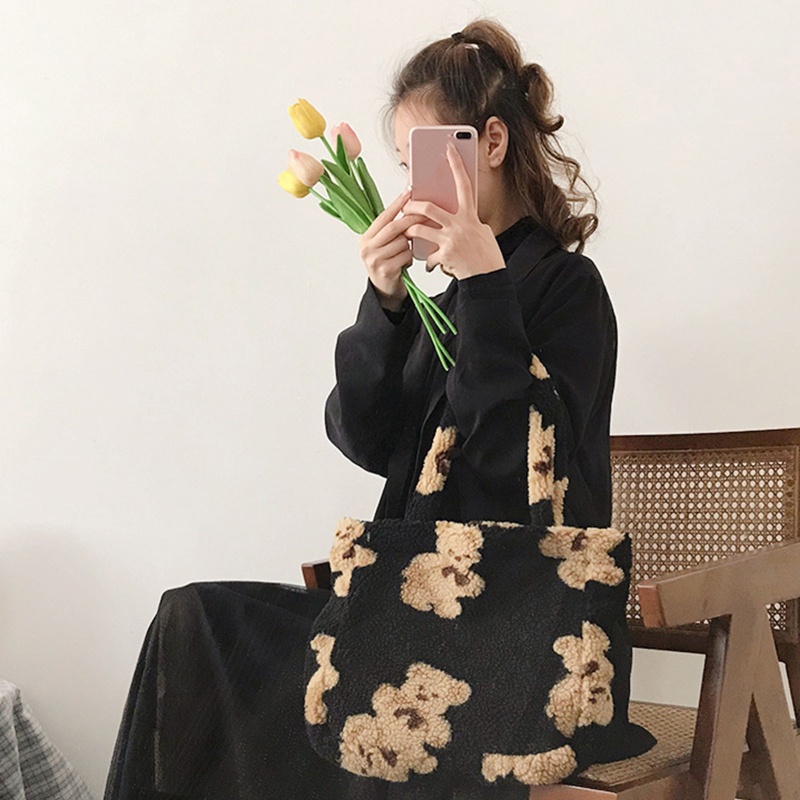 Túi Đeo Vai Bằng Vải Lông Cừu Hình Gấu Dễ Thương Thời Trang Mùa Đông Dành Cho Bạn Nữ
