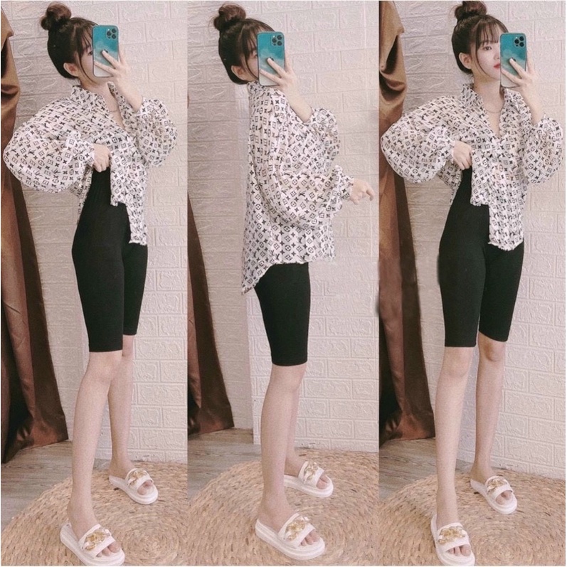Set áo sơ mi hoạ tiết form rộng tay dài + quần legging lửng- T5A