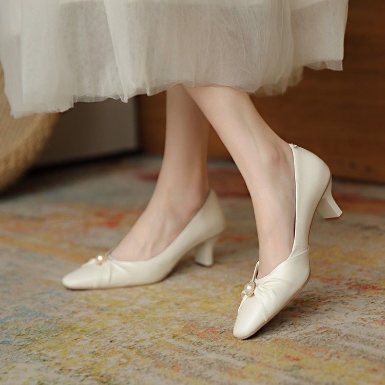 Pháp trắng ngọc trai cao gót giày cưới 21 đầu mùa xuân mới hình nơ da hoa mai