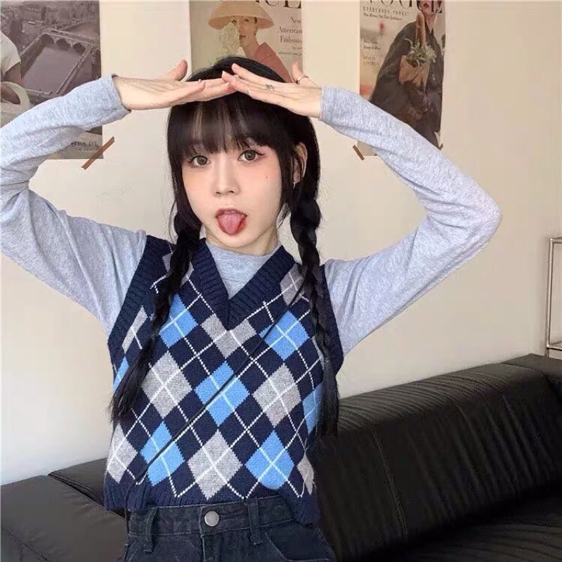 Áo Gile Len Nữ 🦋HOT TREND🦋 Áo Len Sát Nách Kẻ Ô Trám Xanh Phong Cách Vintage